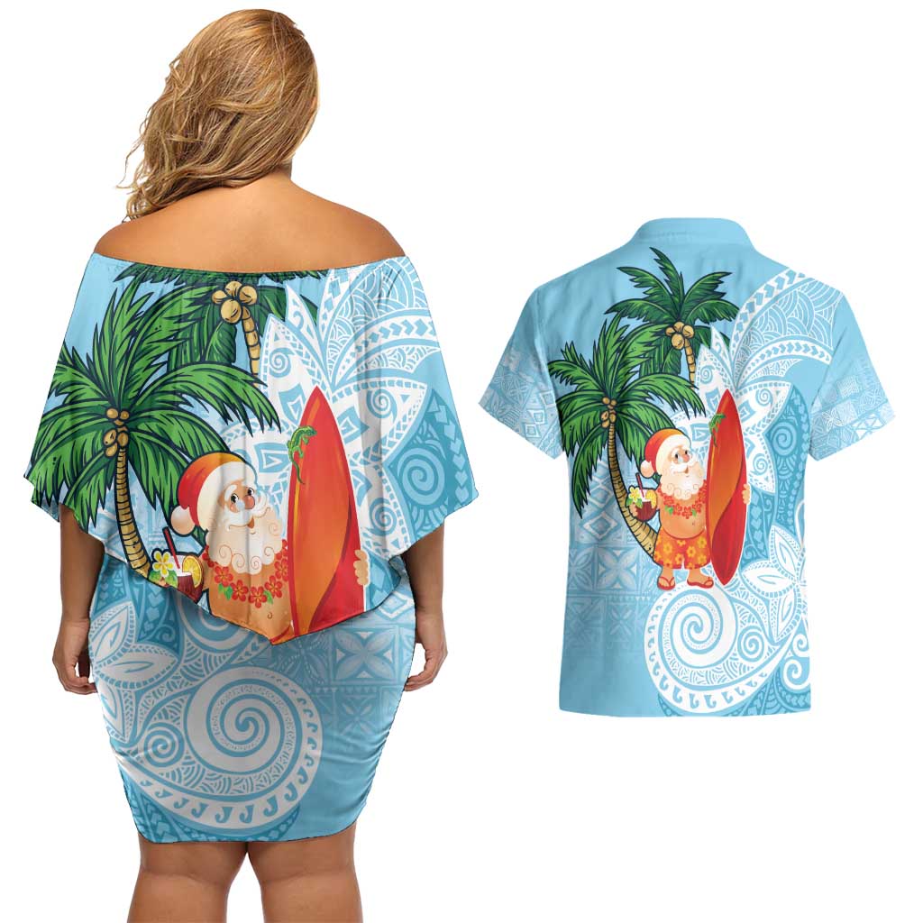 Polynesian Couples Matching Off Shoulder Short Dress and Hawaiian Shirt Tropical Santa - Plumeria Turquoise Vintage