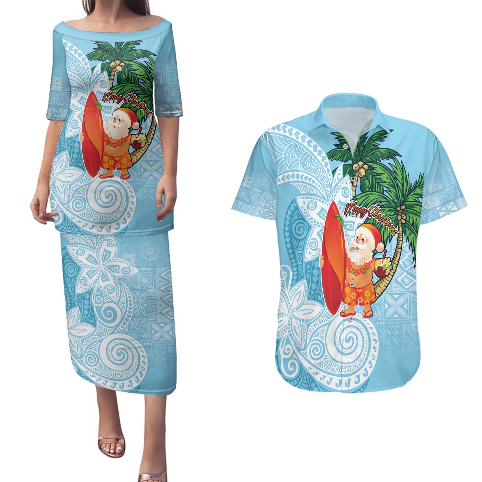 Polynesian Couples Matching Puletasi and Hawaiian Shirt Tropical Santa - Plumeria Turquoise Vintage