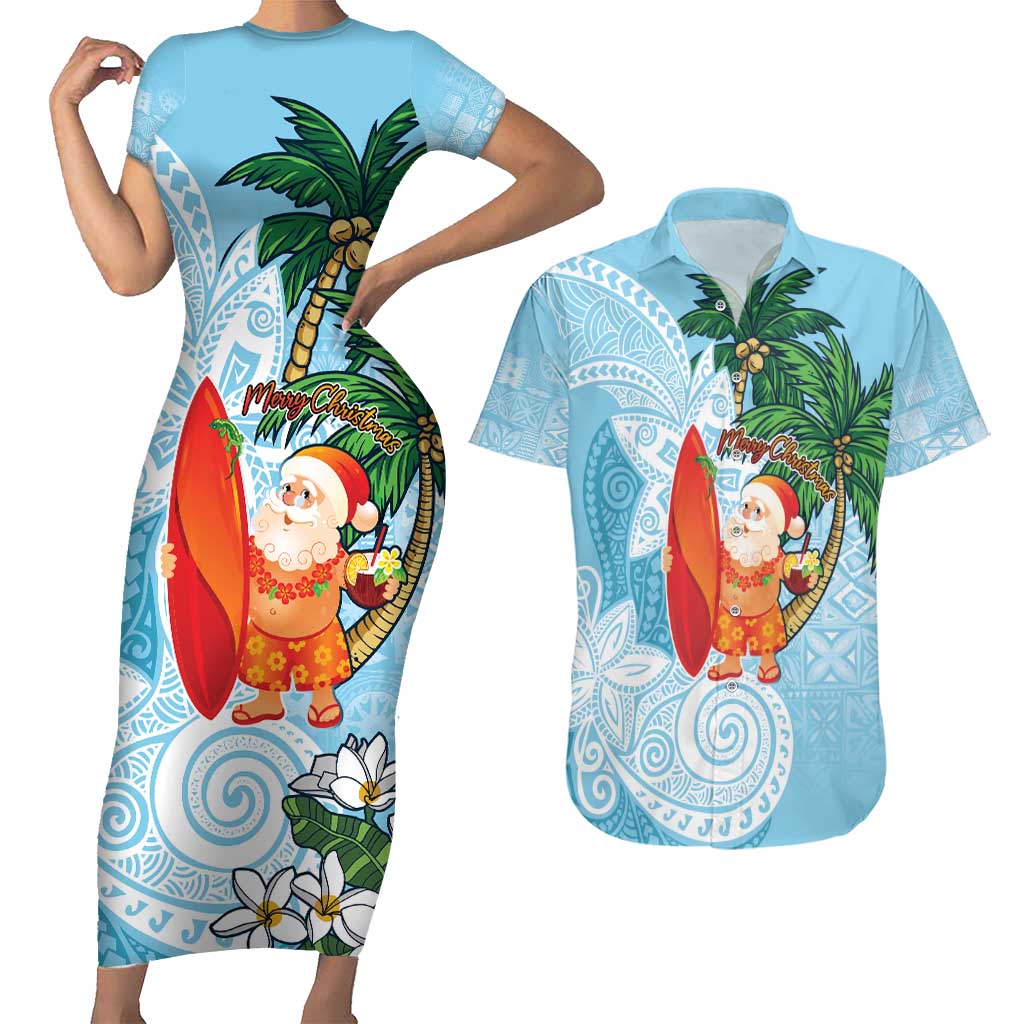 Polynesian Couples Matching Short Sleeve Bodycon Dress and Hawaiian Shirt Tropical Santa - Plumeria Turquoise Vintage LT7 Turquoise - Polynesian Pride