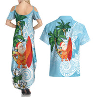 Polynesian Couples Matching Summer Maxi Dress and Hawaiian Shirt Tropical Santa - Plumeria Turquoise Vintage