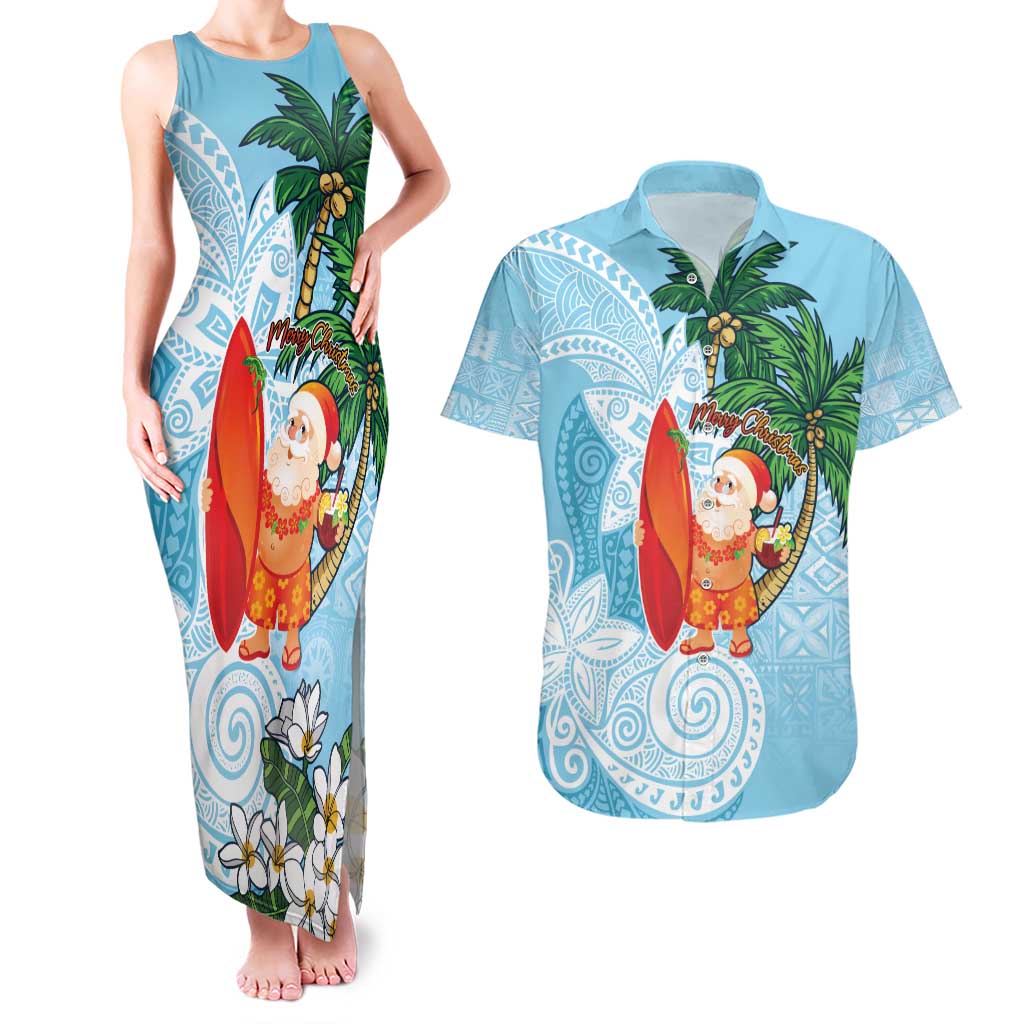 Polynesian Couples Matching Tank Maxi Dress and Hawaiian Shirt Tropical Santa - Plumeria Turquoise Vintage