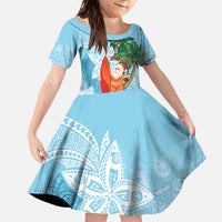 Polynesian Family Matching Off The Shoulder Long Sleeve Dress and Hawaiian Shirt Tropical Santa - Plumeria Turquoise Vintage LT7 Daughter's Dress Turquoise - Polynesian Pride