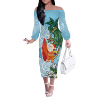 Polynesian Family Matching Off The Shoulder Long Sleeve Dress and Hawaiian Shirt Tropical Santa - Plumeria Turquoise Vintage LT7 Mom's Dress Turquoise - Polynesian Pride