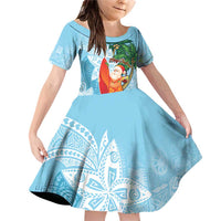 Polynesian Family Matching Off Shoulder Short Dress and Hawaiian Shirt Tropical Santa - Plumeria Turquoise Vintage LT7 Daughter's Dress Turquoise - Polynesian Pride