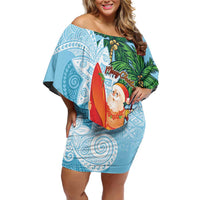 Polynesian Family Matching Off Shoulder Short Dress and Hawaiian Shirt Tropical Santa - Plumeria Turquoise Vintage LT7 Mom's Dress Turquoise - Polynesian Pride