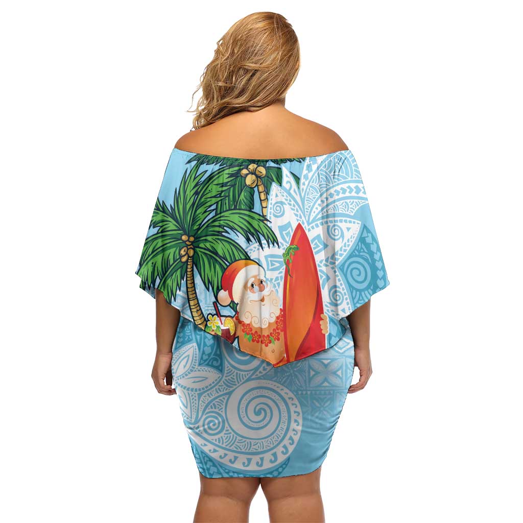 Polynesian Family Matching Off Shoulder Short Dress and Hawaiian Shirt Tropical Santa - Plumeria Turquoise Vintage LT7 - Polynesian Pride