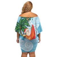 Polynesian Family Matching Off Shoulder Short Dress and Hawaiian Shirt Tropical Santa - Plumeria Turquoise Vintage LT7 - Polynesian Pride