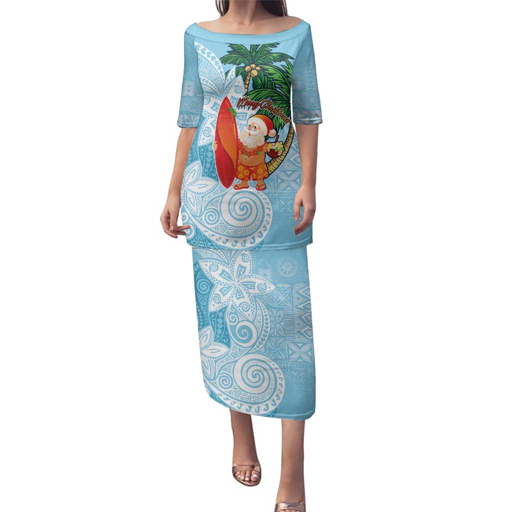 Polynesian Family Matching Puletasi and Hawaiian Shirt Tropical Santa - Plumeria Turquoise Vintage LT7 Mom's Dress Turquoise - Polynesian Pride