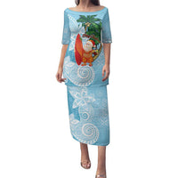 Polynesian Family Matching Puletasi and Hawaiian Shirt Tropical Santa - Plumeria Turquoise Vintage LT7 Mom's Dress Turquoise - Polynesian Pride
