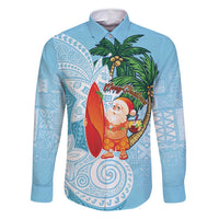 Polynesian Family Matching Tank Maxi Dress and Hawaiian Shirt Tropical Santa - Plumeria Turquoise Vintage LT7 Dad's Shirt - Long Sleeve Turquoise - Polynesian Pride
