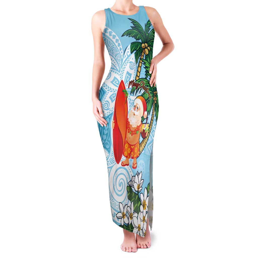 Polynesian Family Matching Tank Maxi Dress and Hawaiian Shirt Tropical Santa - Plumeria Turquoise Vintage LT7 Mom's Dress Turquoise - Polynesian Pride