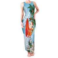 Polynesian Family Matching Tank Maxi Dress and Hawaiian Shirt Tropical Santa - Plumeria Turquoise Vintage LT7 Mom's Dress Turquoise - Polynesian Pride