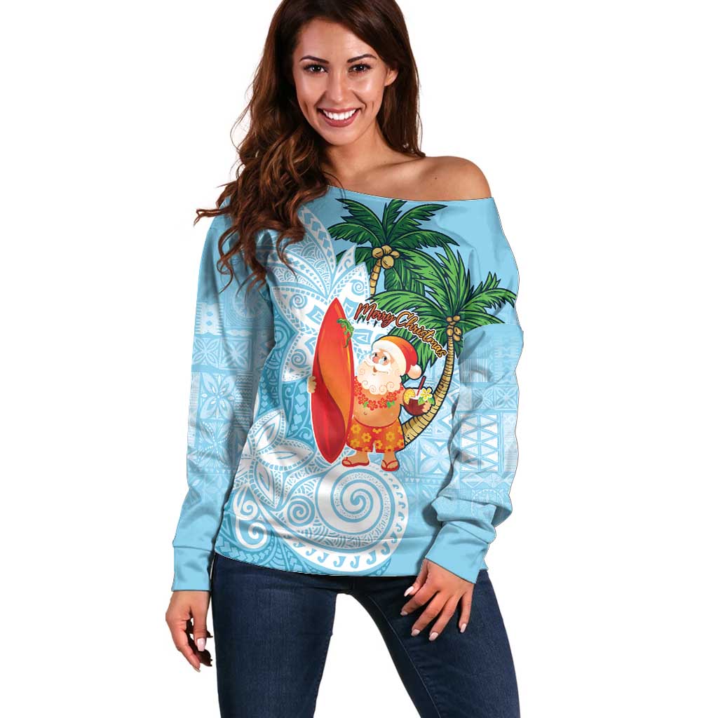 Polynesian Off Shoulder Sweater Tropical Santa - Plumeria Turquoise Vintage LT7 Women Turquoise - Polynesian Pride