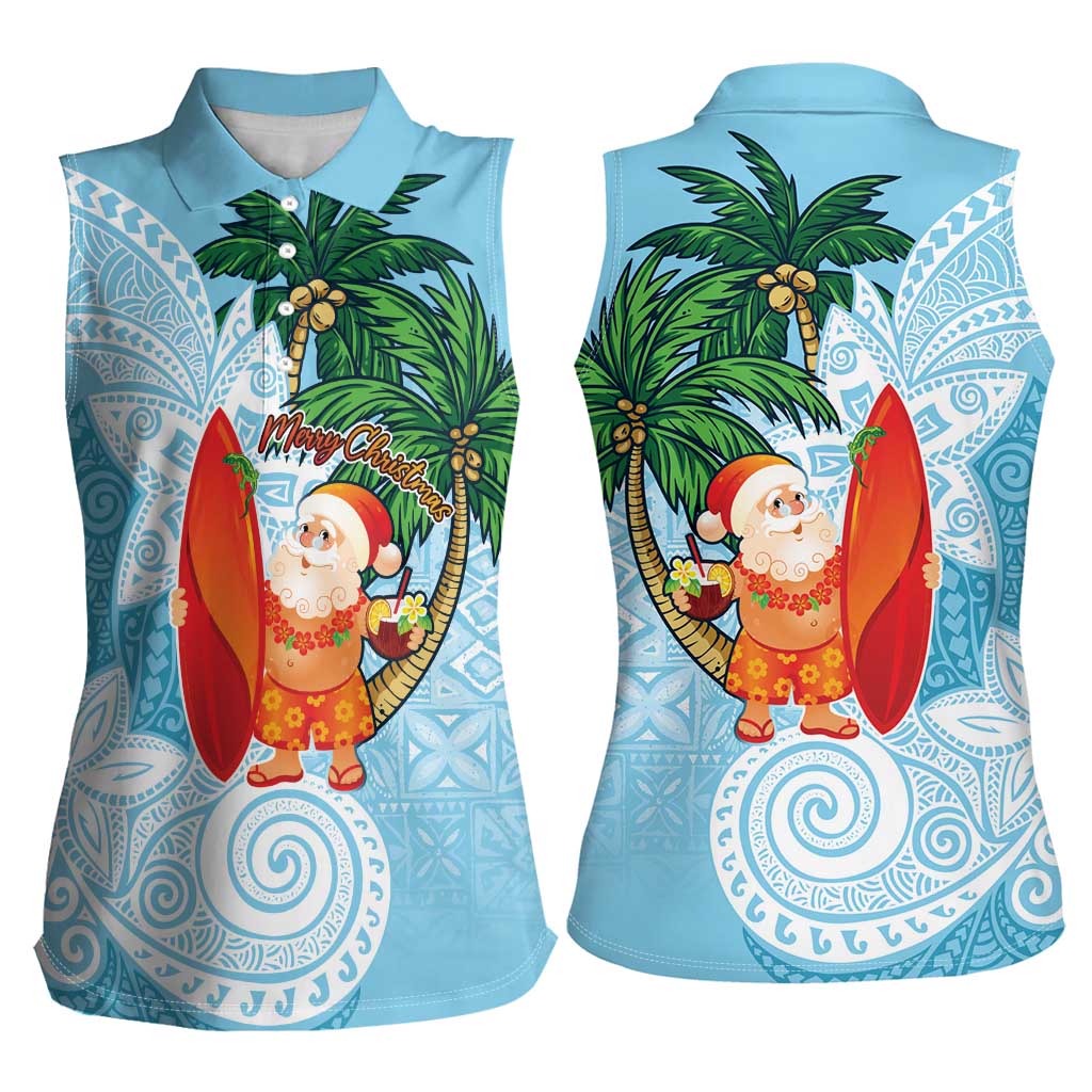 Polynesian Women Sleeveless Polo Shirt Tropical Santa - Plumeria Turquoise Vintage