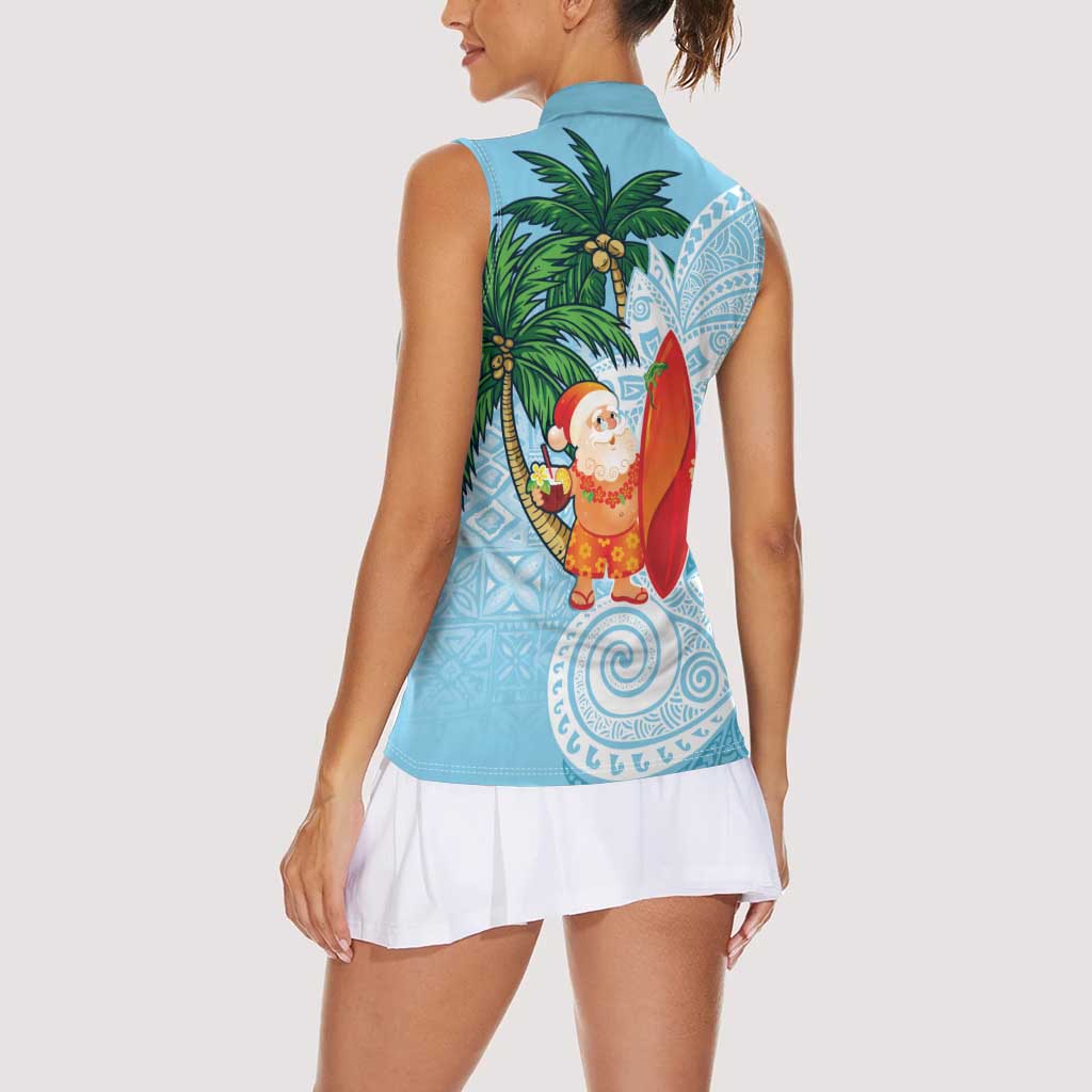 Polynesian Women Sleeveless Polo Shirt Tropical Santa - Plumeria Turquoise Vintage