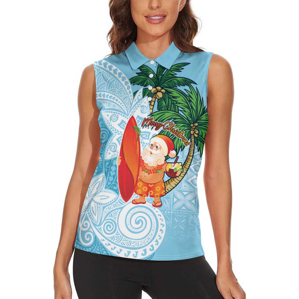 Polynesian Women Sleeveless Polo Shirt Tropical Santa - Plumeria Turquoise Vintage