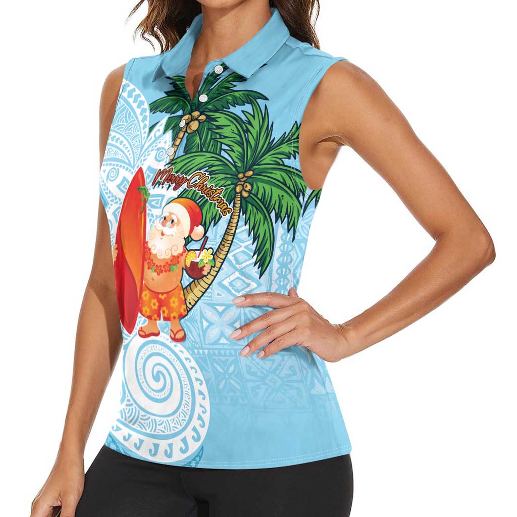 Polynesian Women Sleeveless Polo Shirt Tropical Santa - Plumeria Turquoise Vintage
