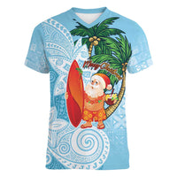 Polynesian Women V-Neck T-Shirt Tropical Santa - Plumeria Turquoise Vintage