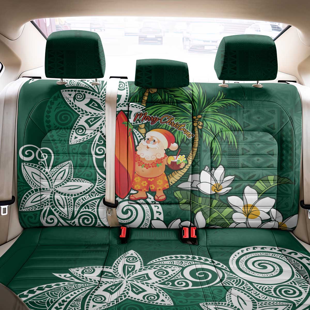 Polynesian Back Car Seat Cover Tropical Santa - Plumeria Green Vintage LT7 - Polynesian Pride