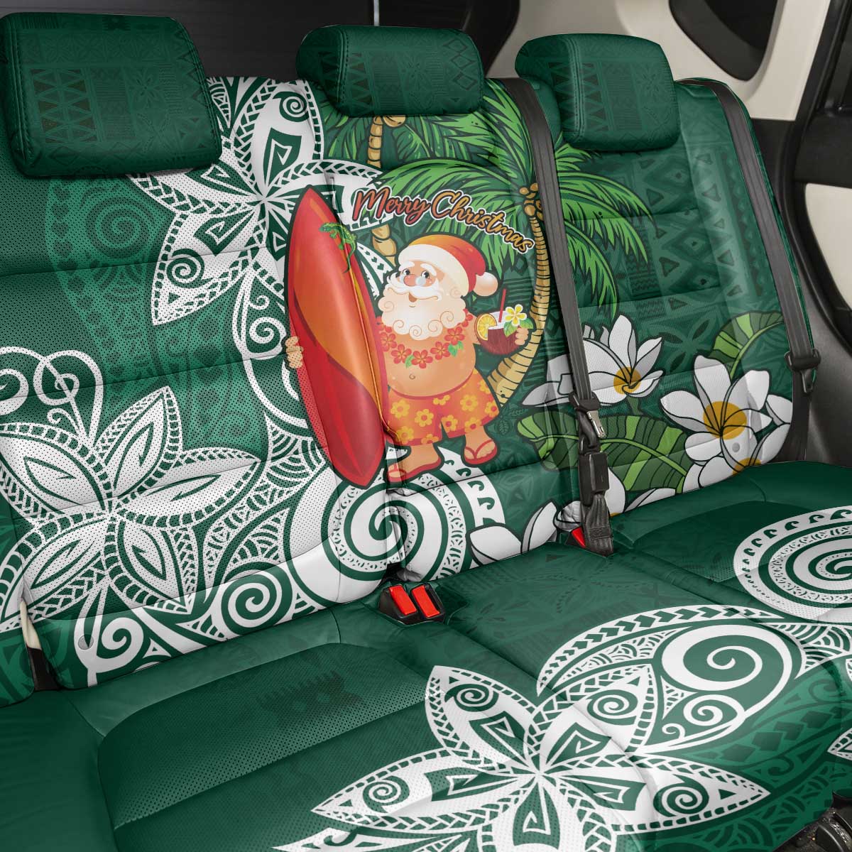 Polynesian Back Car Seat Cover Tropical Santa - Plumeria Green Vintage LT7 - Polynesian Pride