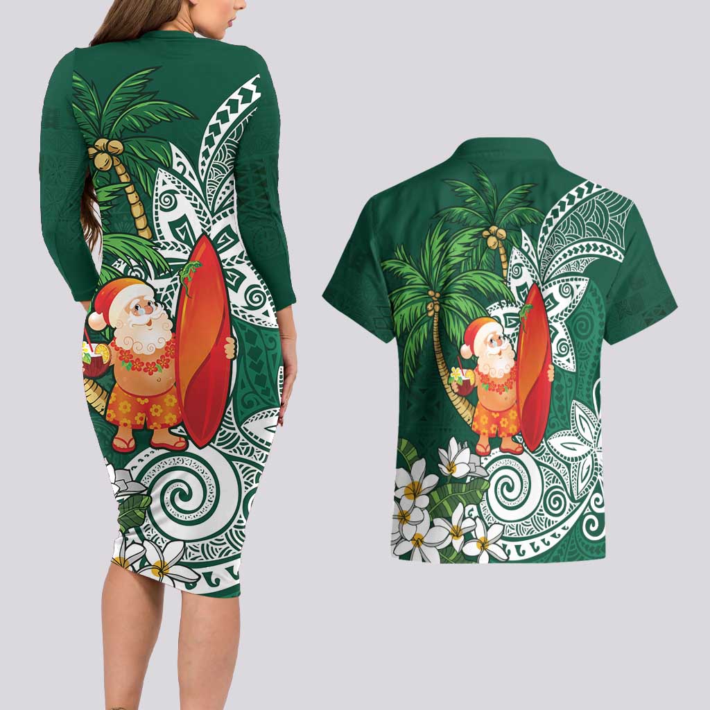 Polynesian Couples Matching Long Sleeve Bodycon Dress and Hawaiian Shirt Tropical Santa - Plumeria Green Vintage LT7 - Polynesian Pride