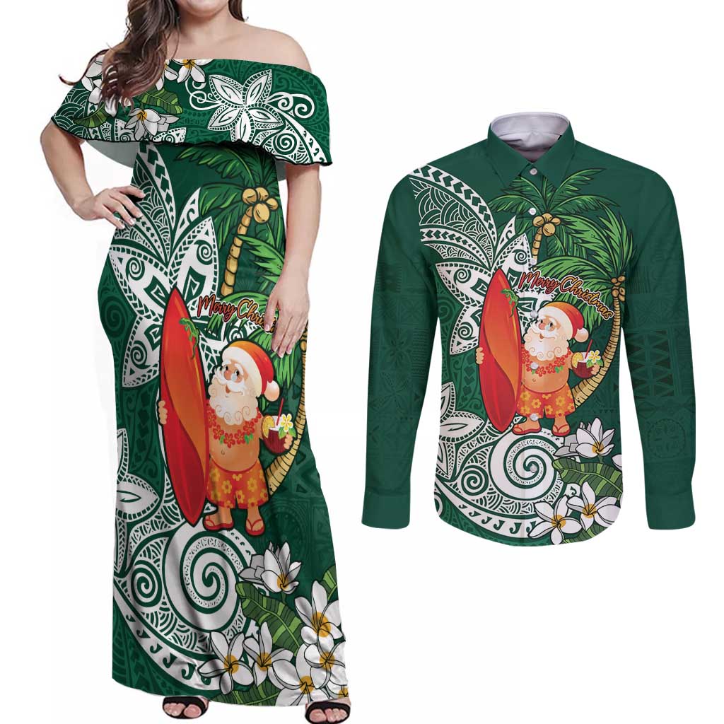Polynesian Couples Matching Off Shoulder Maxi Dress and Long Sleeve Button Shirt Tropical Santa - Plumeria Green Vintage LT7 Green - Polynesian Pride