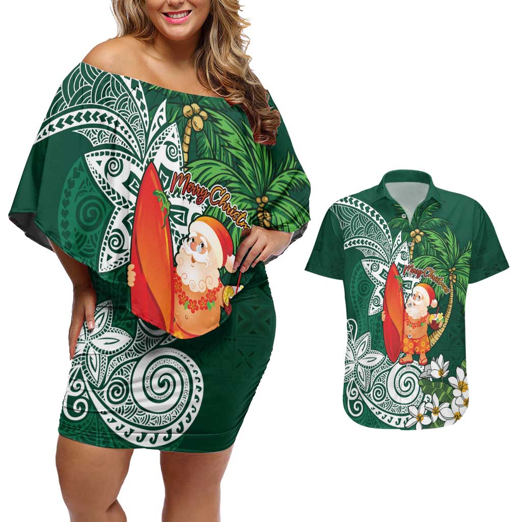 Polynesian Couples Matching Off Shoulder Short Dress and Hawaiian Shirt Tropical Santa - Plumeria Green Vintage