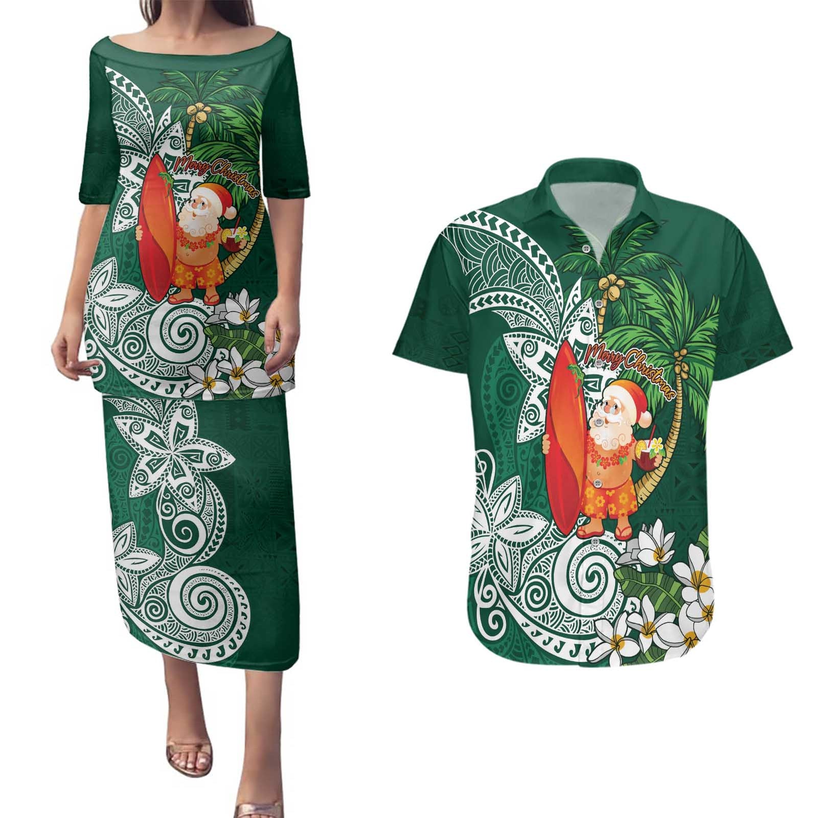 Polynesian Couples Matching Puletasi and Hawaiian Shirt Tropical Santa - Plumeria Green Vintage