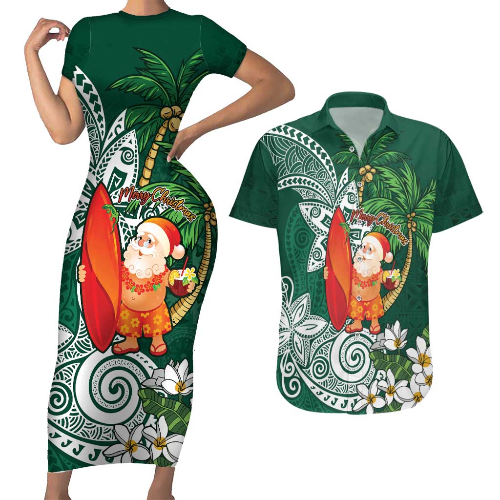 Polynesian Couples Matching Short Sleeve Bodycon Dress and Hawaiian Shirt Tropical Santa - Plumeria Green Vintage LT7 Green - Polynesian Pride