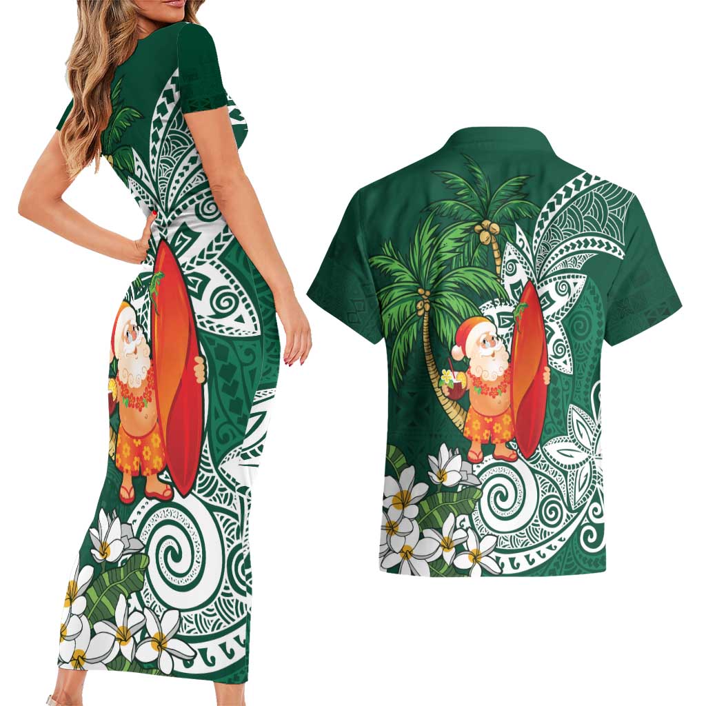 Polynesian Couples Matching Short Sleeve Bodycon Dress and Hawaiian Shirt Tropical Santa - Plumeria Green Vintage LT7 - Polynesian Pride