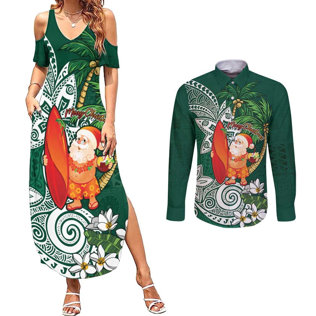 Polynesian Couples Matching Summer Maxi Dress and Long Sleeve Button Shirt Tropical Santa - Plumeria Green Vintage LT7 Green - Polynesian Pride