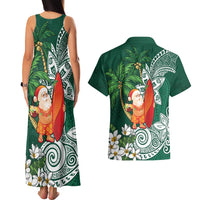 Polynesian Couples Matching Tank Maxi Dress and Hawaiian Shirt Tropical Santa - Plumeria Green Vintage