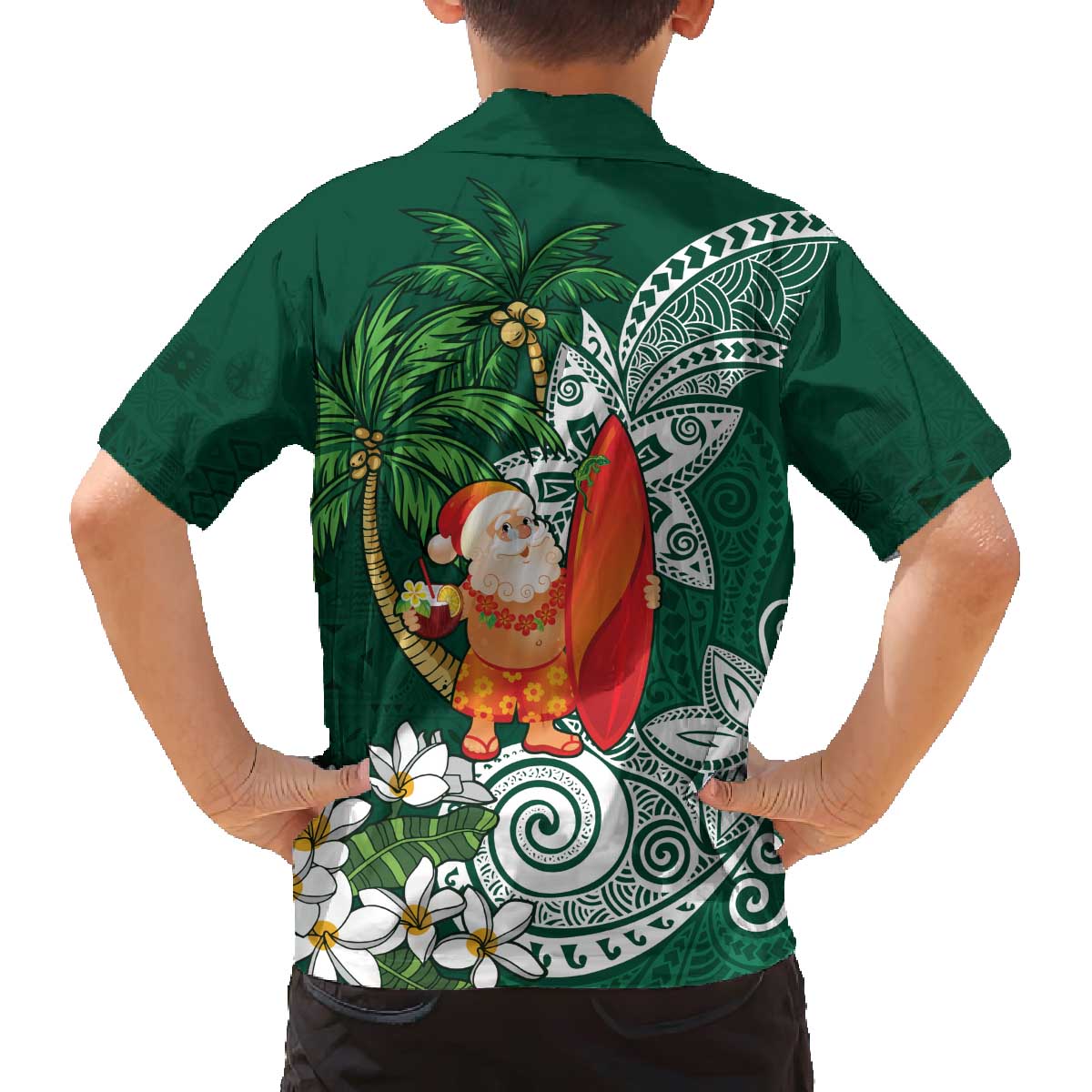 Polynesian Family Matching Off The Shoulder Long Sleeve Dress and Hawaiian Shirt Tropical Santa - Plumeria Green Vintage LT7 - Polynesian Pride