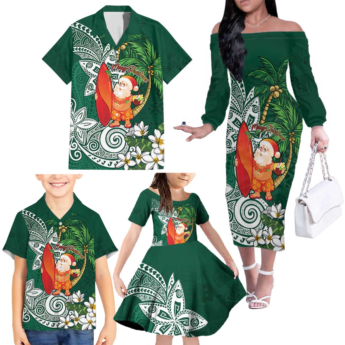 Polynesian Family Matching Off The Shoulder Long Sleeve Dress and Hawaiian Shirt Tropical Santa - Plumeria Green Vintage LT7 - Polynesian Pride