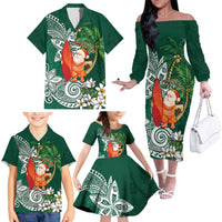 Polynesian Family Matching Off The Shoulder Long Sleeve Dress and Hawaiian Shirt Tropical Santa - Plumeria Green Vintage LT7 - Polynesian Pride