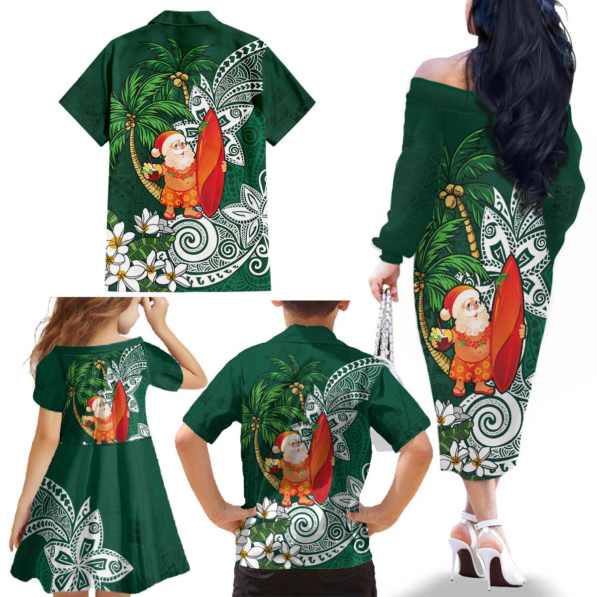 Polynesian Family Matching Off The Shoulder Long Sleeve Dress and Hawaiian Shirt Tropical Santa - Plumeria Green Vintage LT7 - Polynesian Pride
