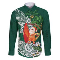 Polynesian Family Matching Off The Shoulder Long Sleeve Dress and Hawaiian Shirt Tropical Santa - Plumeria Green Vintage LT7 Dad's Shirt - Long Sleeve Green - Polynesian Pride