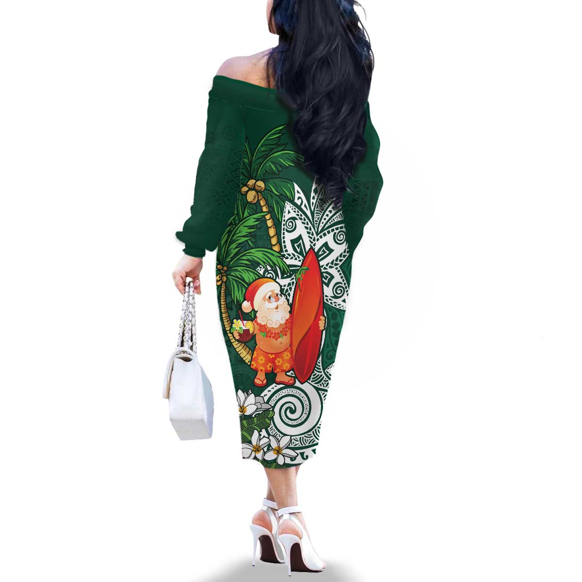 Polynesian Family Matching Off The Shoulder Long Sleeve Dress and Hawaiian Shirt Tropical Santa - Plumeria Green Vintage LT7 - Polynesian Pride