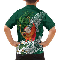 Polynesian Family Matching Off Shoulder Short Dress and Hawaiian Shirt Tropical Santa - Plumeria Green Vintage LT7 - Polynesian Pride