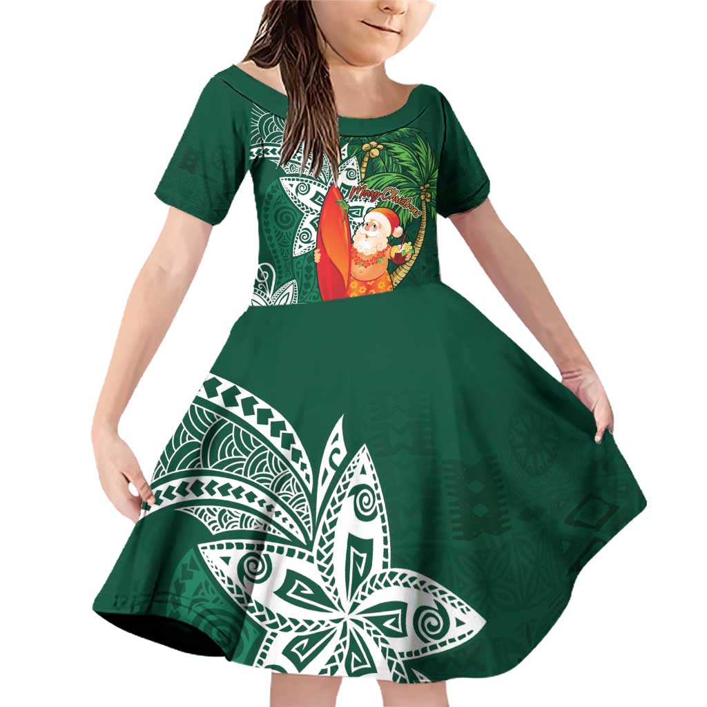 Polynesian Family Matching Off Shoulder Short Dress and Hawaiian Shirt Tropical Santa - Plumeria Green Vintage LT7 Daughter's Dress Green - Polynesian Pride