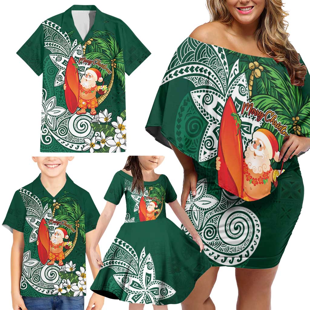 Polynesian Family Matching Off Shoulder Short Dress and Hawaiian Shirt Tropical Santa - Plumeria Green Vintage LT7 - Polynesian Pride
