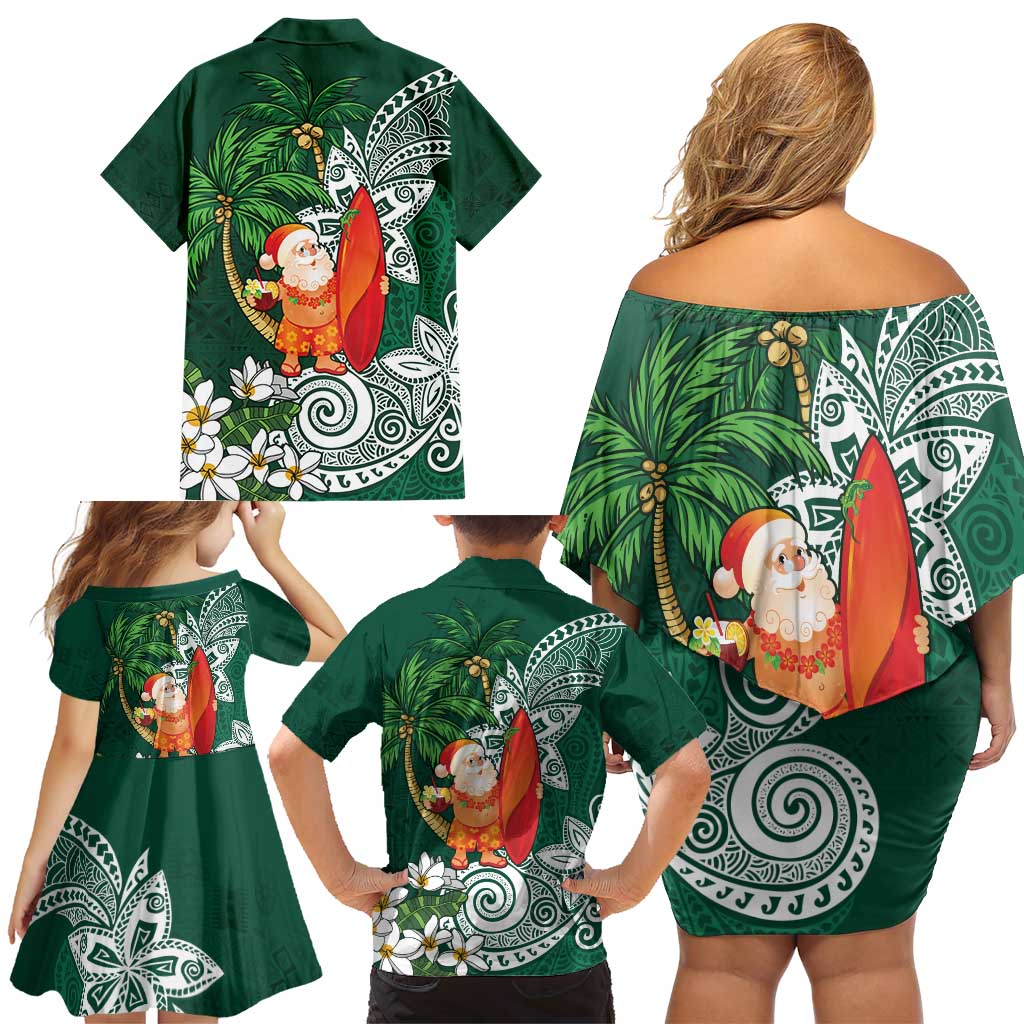 Polynesian Family Matching Off Shoulder Short Dress and Hawaiian Shirt Tropical Santa - Plumeria Green Vintage LT7 - Polynesian Pride