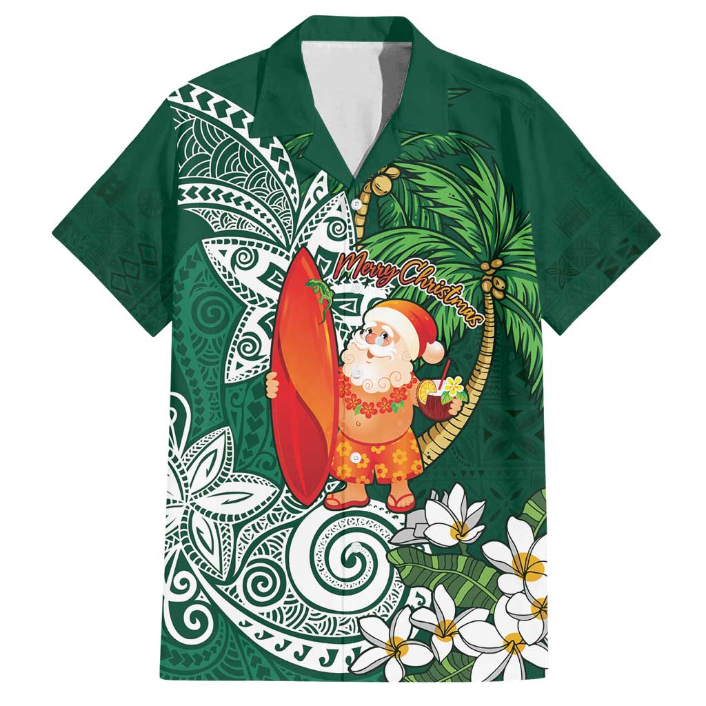 Polynesian Family Matching Off Shoulder Short Dress and Hawaiian Shirt Tropical Santa - Plumeria Green Vintage LT7 Dad's Shirt - Short Sleeve Green - Polynesian Pride