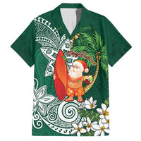 Polynesian Family Matching Off Shoulder Short Dress and Hawaiian Shirt Tropical Santa - Plumeria Green Vintage LT7 Dad's Shirt - Short Sleeve Green - Polynesian Pride