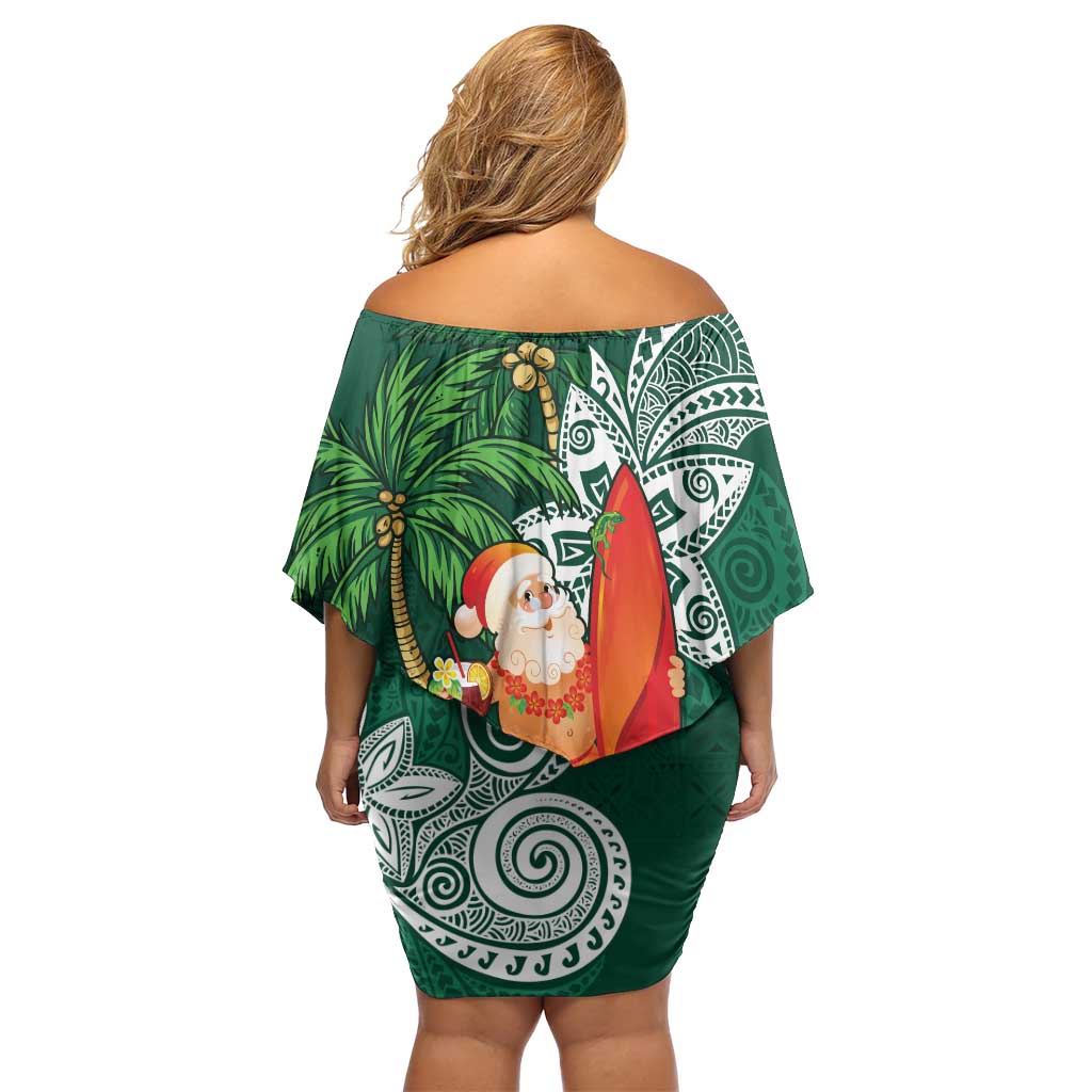 Polynesian Family Matching Off Shoulder Short Dress and Hawaiian Shirt Tropical Santa - Plumeria Green Vintage LT7 - Polynesian Pride