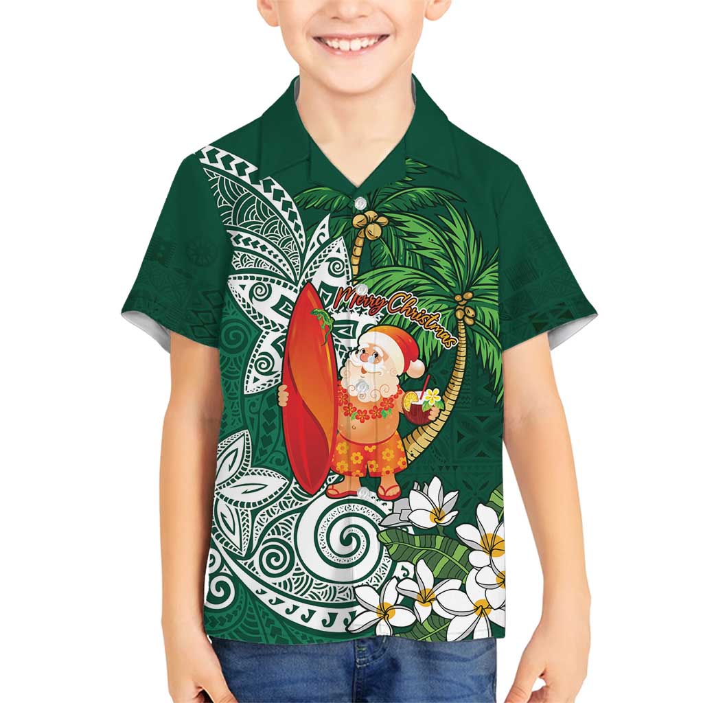 Polynesian Family Matching Off Shoulder Short Dress and Hawaiian Shirt Tropical Santa - Plumeria Green Vintage LT7 Son's Shirt Green - Polynesian Pride