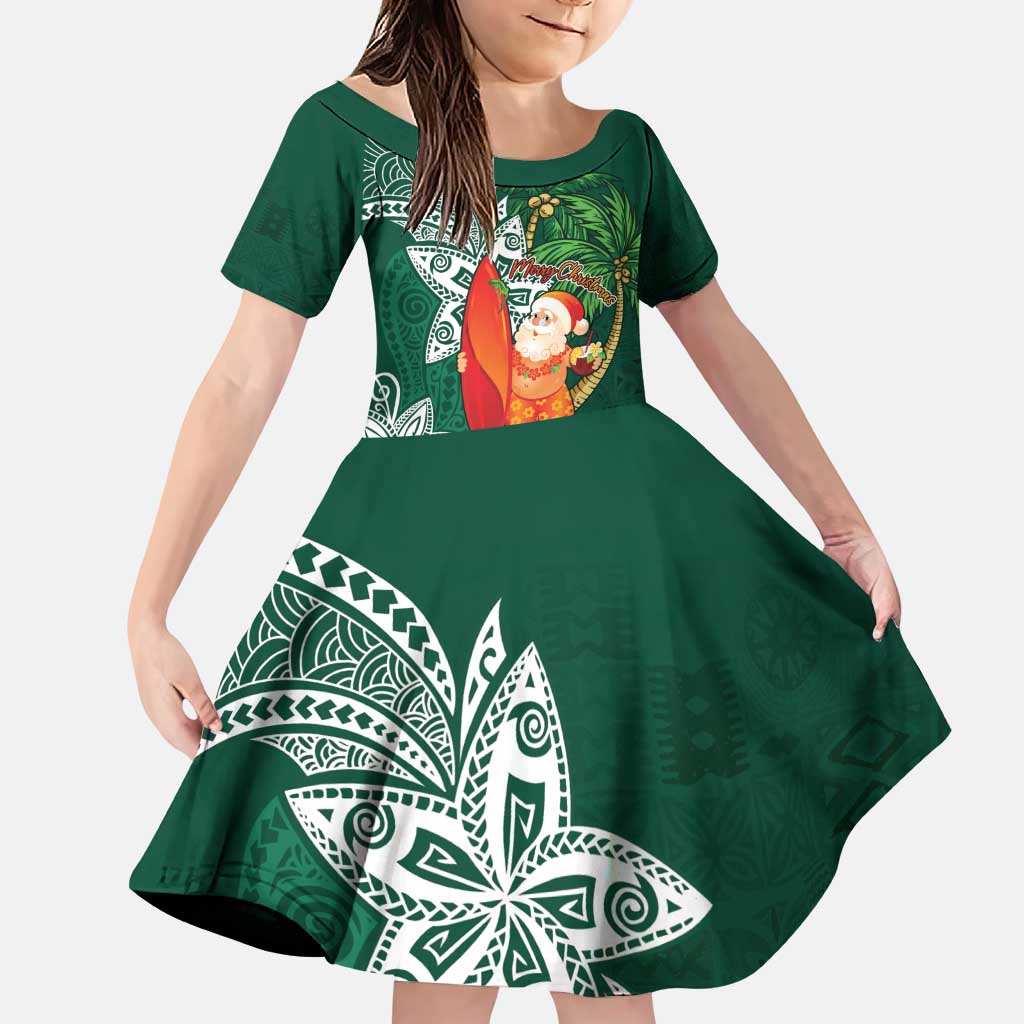 Polynesian Family Matching Puletasi and Hawaiian Shirt Tropical Santa - Plumeria Green Vintage LT7 Daughter's Dress Green - Polynesian Pride
