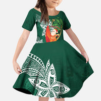Polynesian Family Matching Puletasi and Hawaiian Shirt Tropical Santa - Plumeria Green Vintage LT7 Daughter's Dress Green - Polynesian Pride
