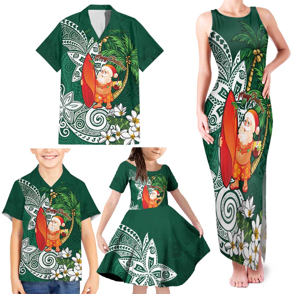 Polynesian Family Matching Tank Maxi Dress and Hawaiian Shirt Tropical Santa - Plumeria Green Vintage LT7 - Polynesian Pride