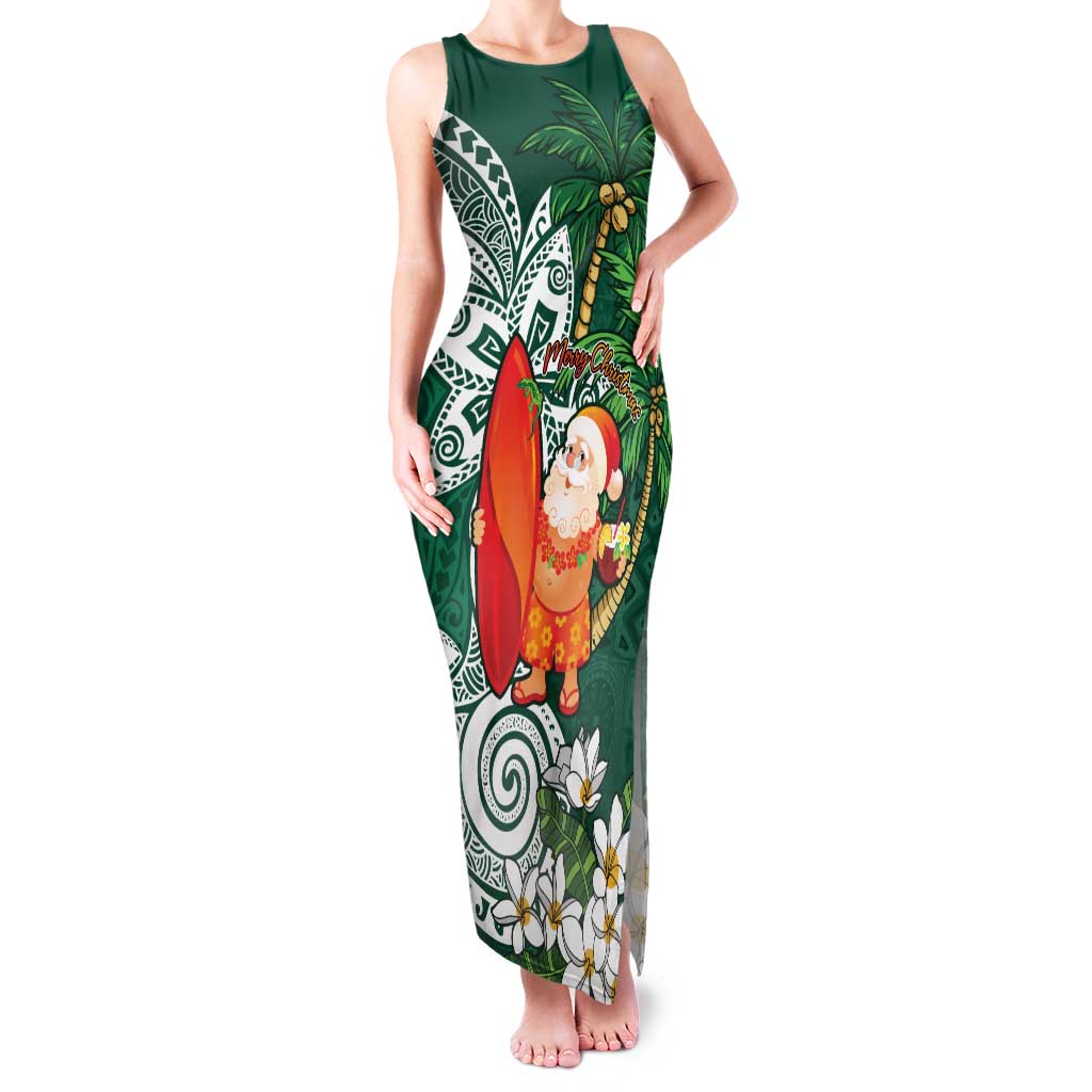 Polynesian Family Matching Tank Maxi Dress and Hawaiian Shirt Tropical Santa - Plumeria Green Vintage LT7 Mom's Dress Green - Polynesian Pride